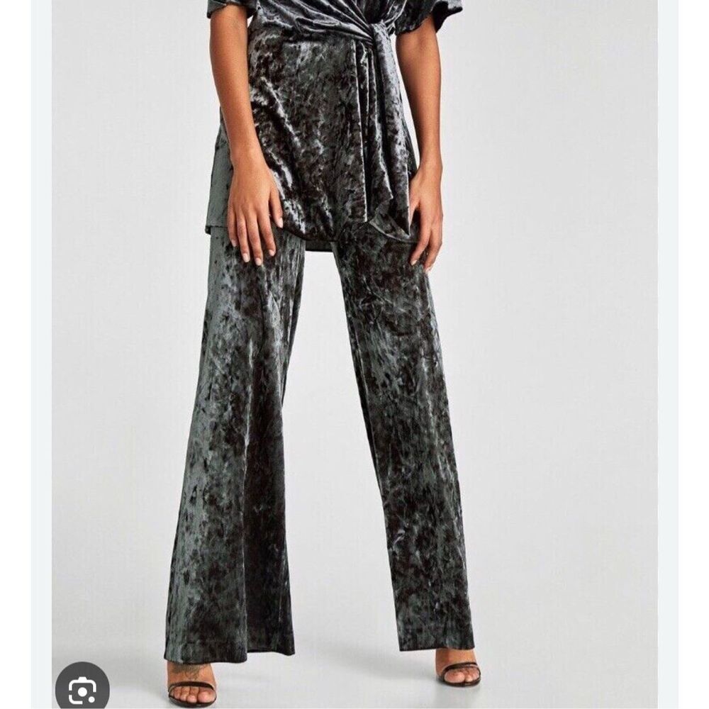Zara Gray Side Zip Crushed Velvet High Waisted Wide Leg Pants Size Small